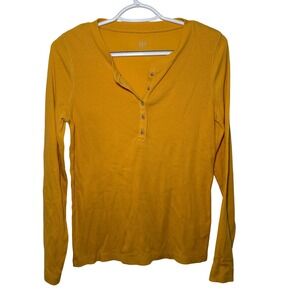 GAP Women Mustard Yellow Ribbed Henley Thermal Top Size S y2k fairy boho preppy‎